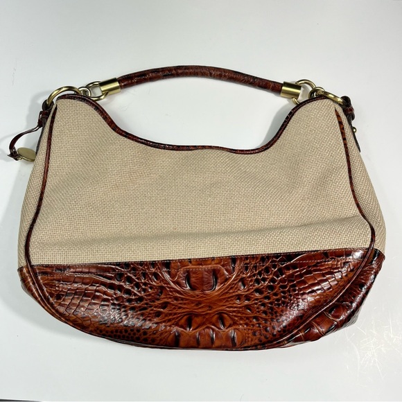 Brahmin Duxbury Peacan Harbor Canvas & Croc Leather Shoulder Bag Magnet Top - Picture 2 of 8